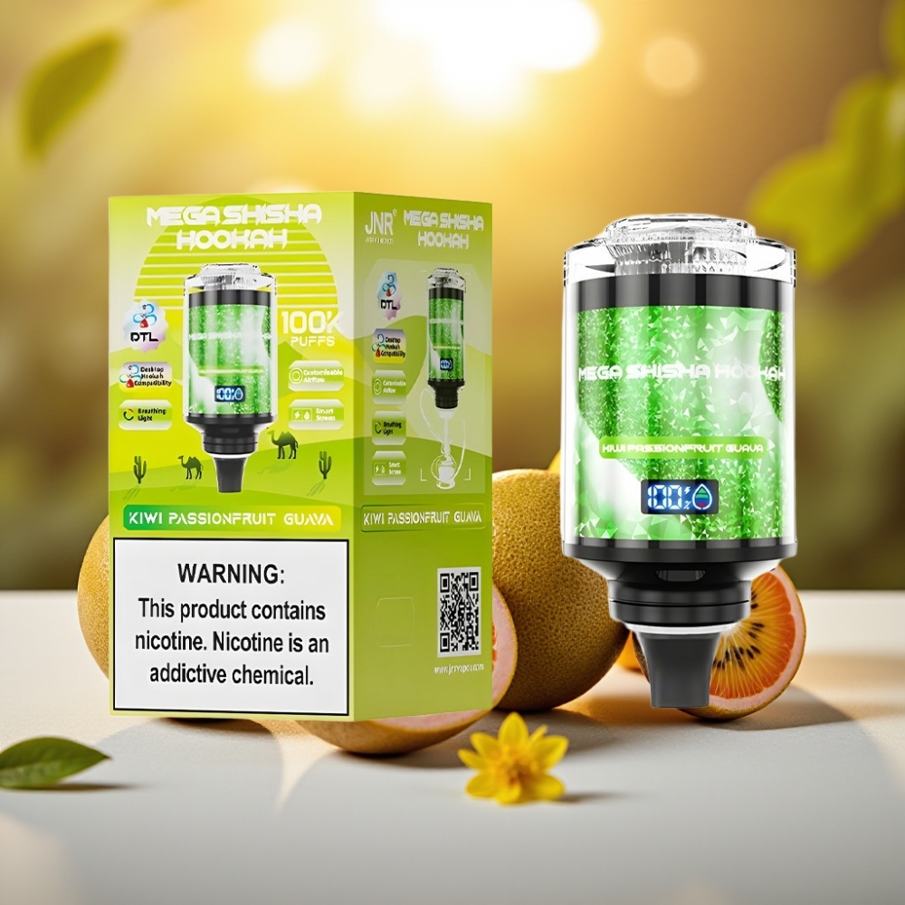 JNR Mega Shisha Hookah Compatible Bureau 100000 bouffées 60ml Kiwi Fruit de la Passion Goyave