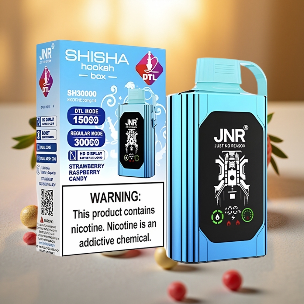 JNR Shisha Hookah Box 20500 Puffs Fraise Framboise Bonbon - 25ml, Dual Mesh Coil, Type-C