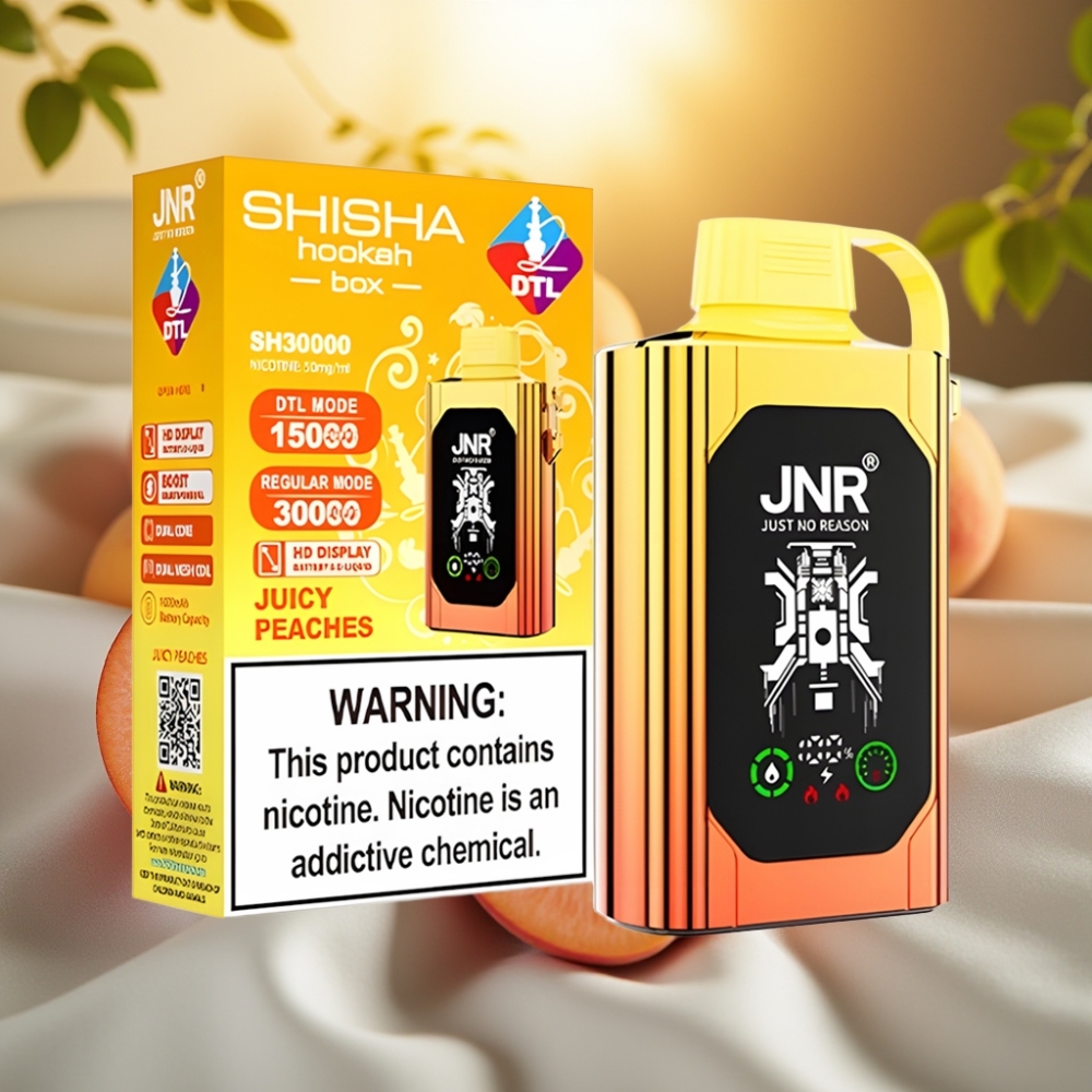 JNR Shisha Hookah Box 20500 Puffs - Écran HD, 25ml, Double Mesh, Type-C, Pêches Juteuses