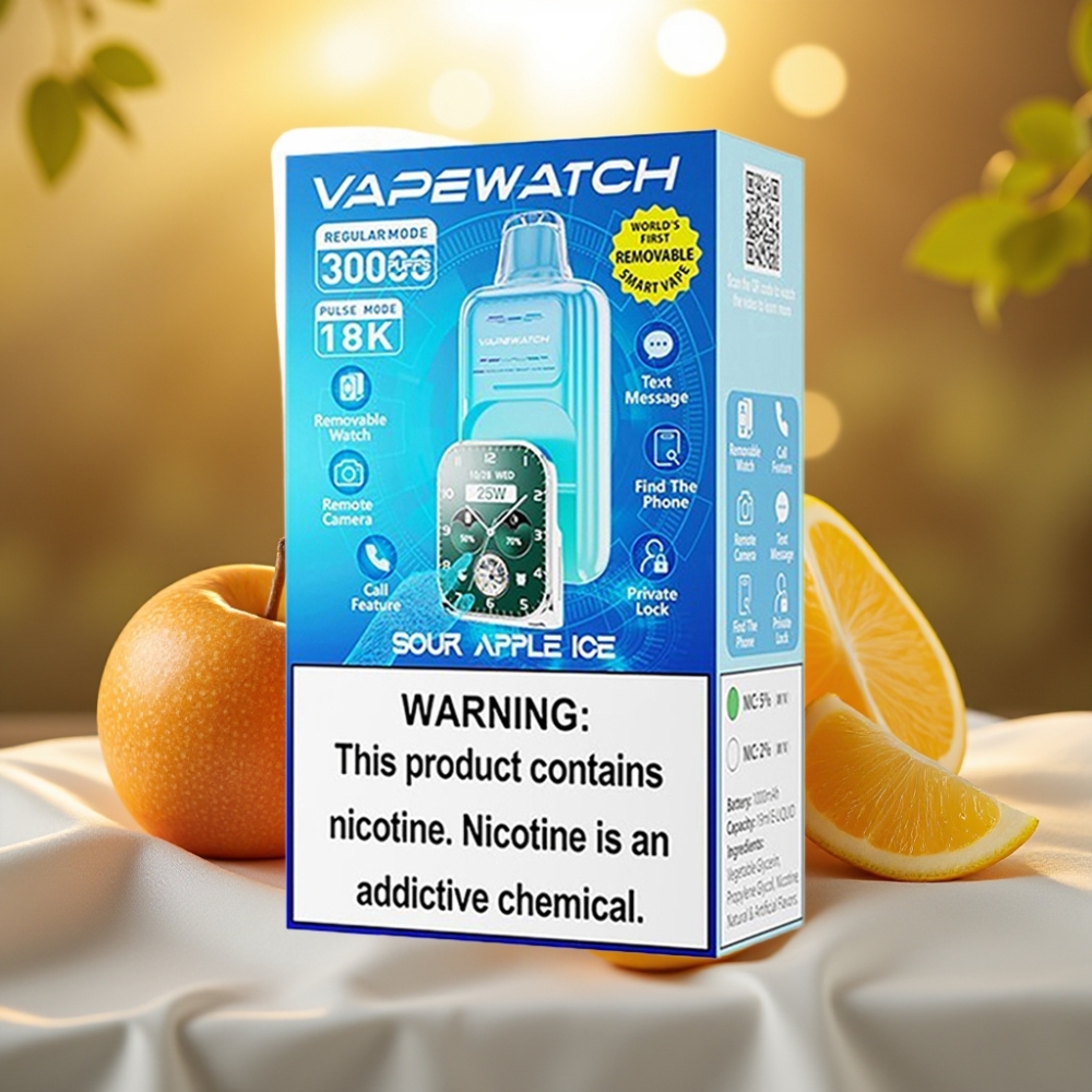 JNR VapeWatch 30000 Puffs Pomme Acidulée Glacée - 19mL, 5%, Charge Type-C