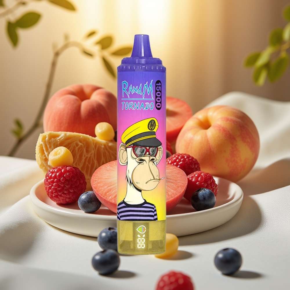 Fumot RandM Tornado 15000 Puffs - 25ml, 850mAh, Type-C, Écran LCD, Pêche Myrtille Bonbon