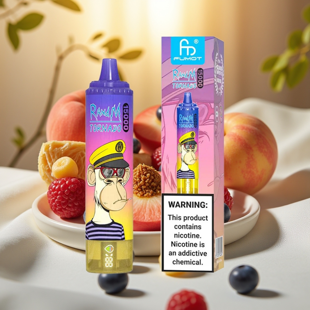 Fumot RandM Tornado 15000 Puffs - 25ml, 850mAh, Type-C, Écran LCD, Pêche Myrtille Bonbon