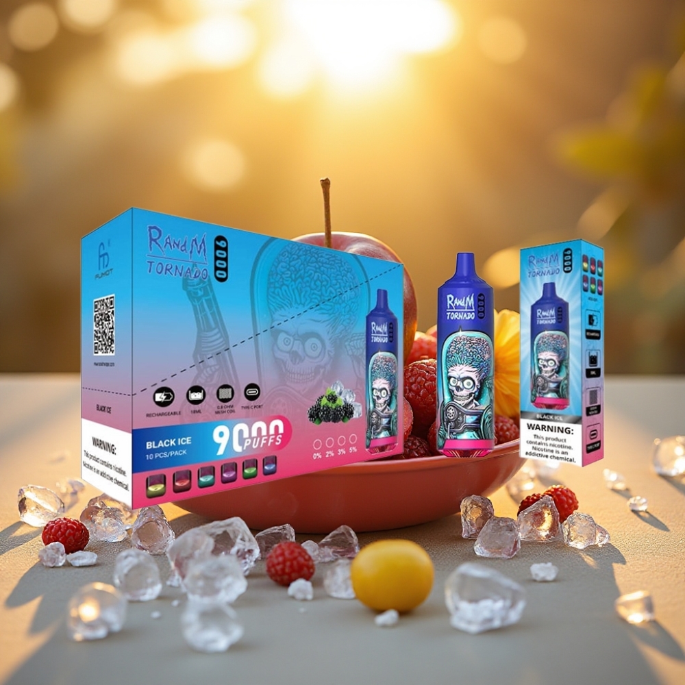 RandM Tornado 9000 Puffs Glace Noire - 18 mL, 850 mAh, Affichage RGB
