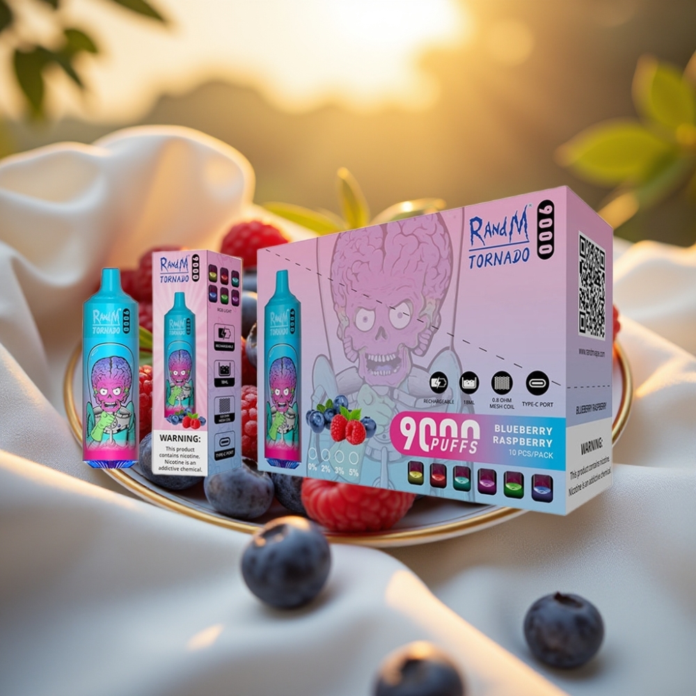 RandM Tornado 9000 Puffs Myrtille Framboise 18mL 850mAh Display RGB Mesh Coil