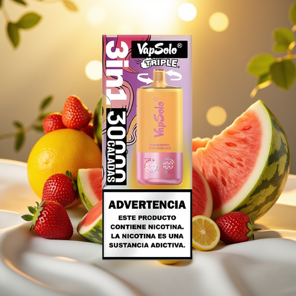VapSolo Triple 30000 Puffs Fraise Pastèque & Citron Pêche - 40ml, 20/50mg/ml, Type-C