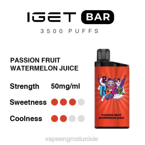 Cigarette Électronique Jetable - jus de pastèque aux fruits de la passion NHPL97 IGET BAR 3500 5% de nicotine